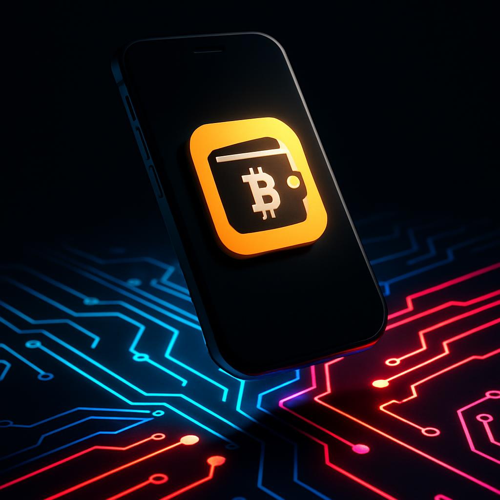 The alt text for the image is: Smartphone displaying a yellow Bitcoin logo on a dark background with neon glowing circuitry.