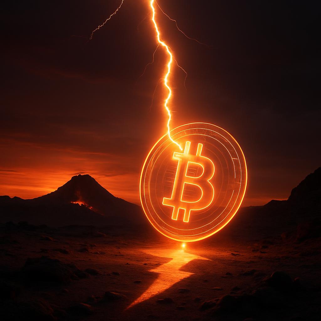A Bitcoin symbol floating in a desert after a lightning strike amidst mountains at dusk.